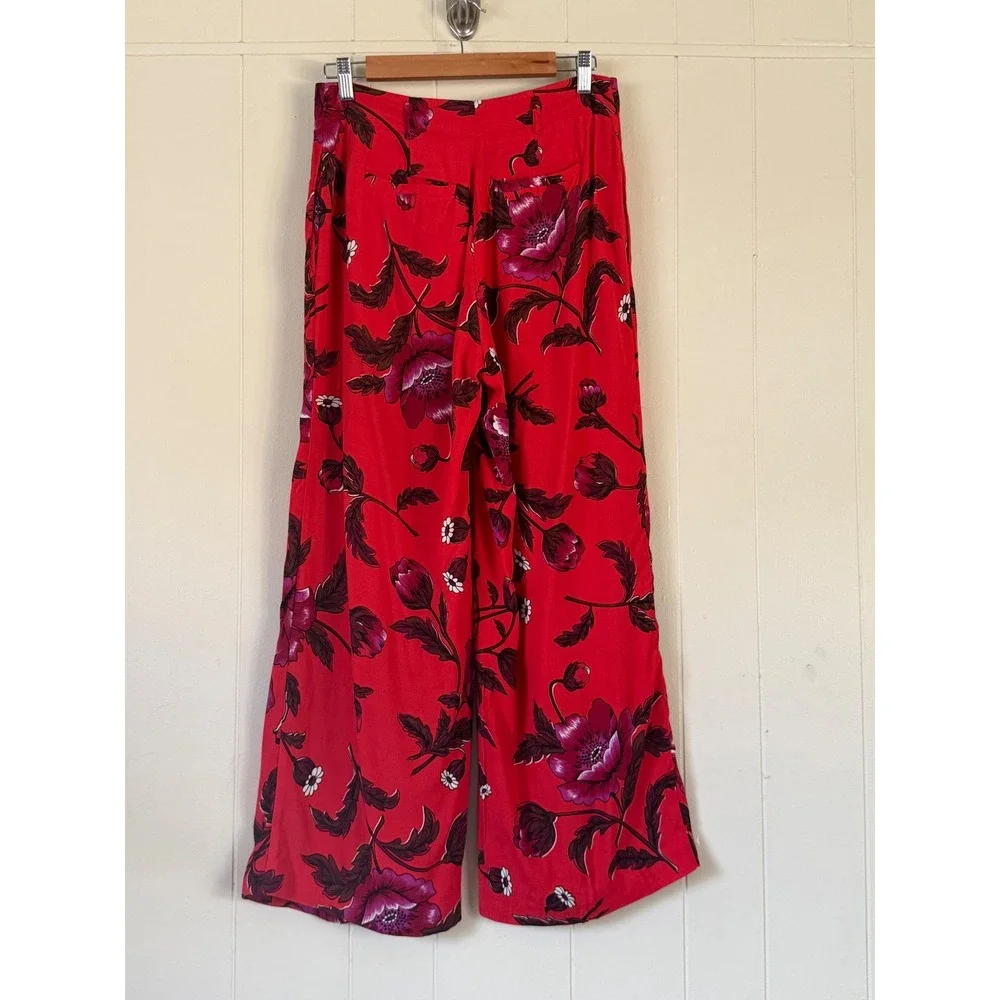 Ett Twa Anthropologie Womens  Red Boho Floral Wide Leg Pants High Rise Size‎ 4
